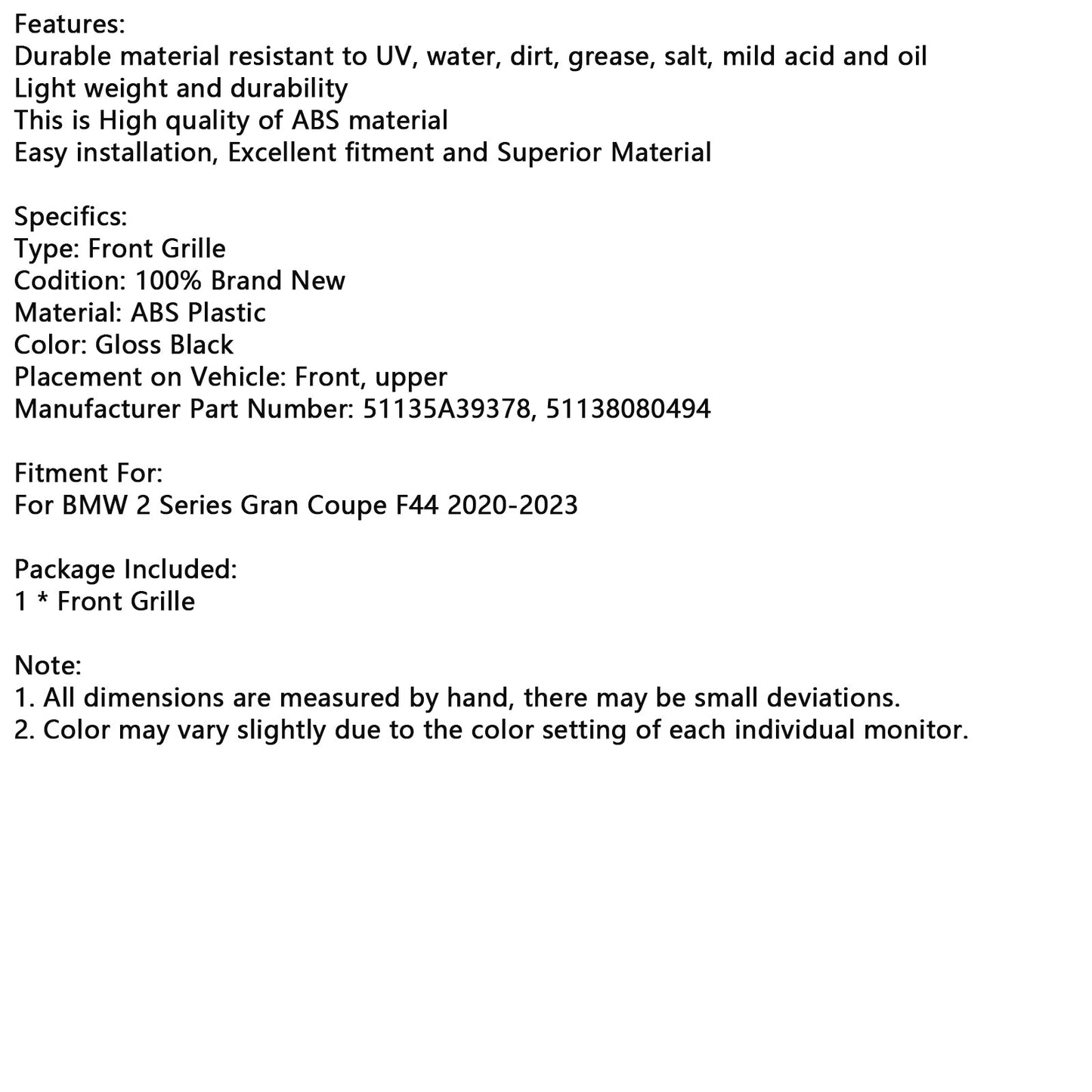 2020-2023 BMW 2 Series Gran Coupe F44 Gloss Black Front Bumper Grill Grille 51135A39378 51138080494