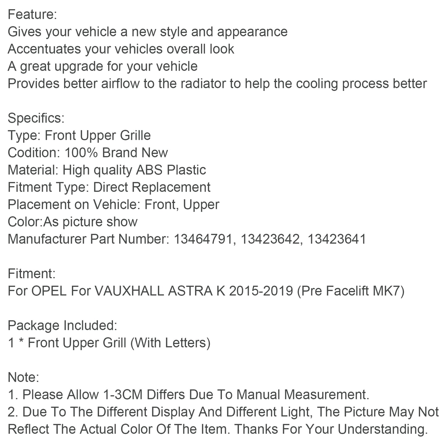 2015-2019 OPEL For VAUXHALL ASTRA K Facelift Front Bumper Grill Grille Black Chrome