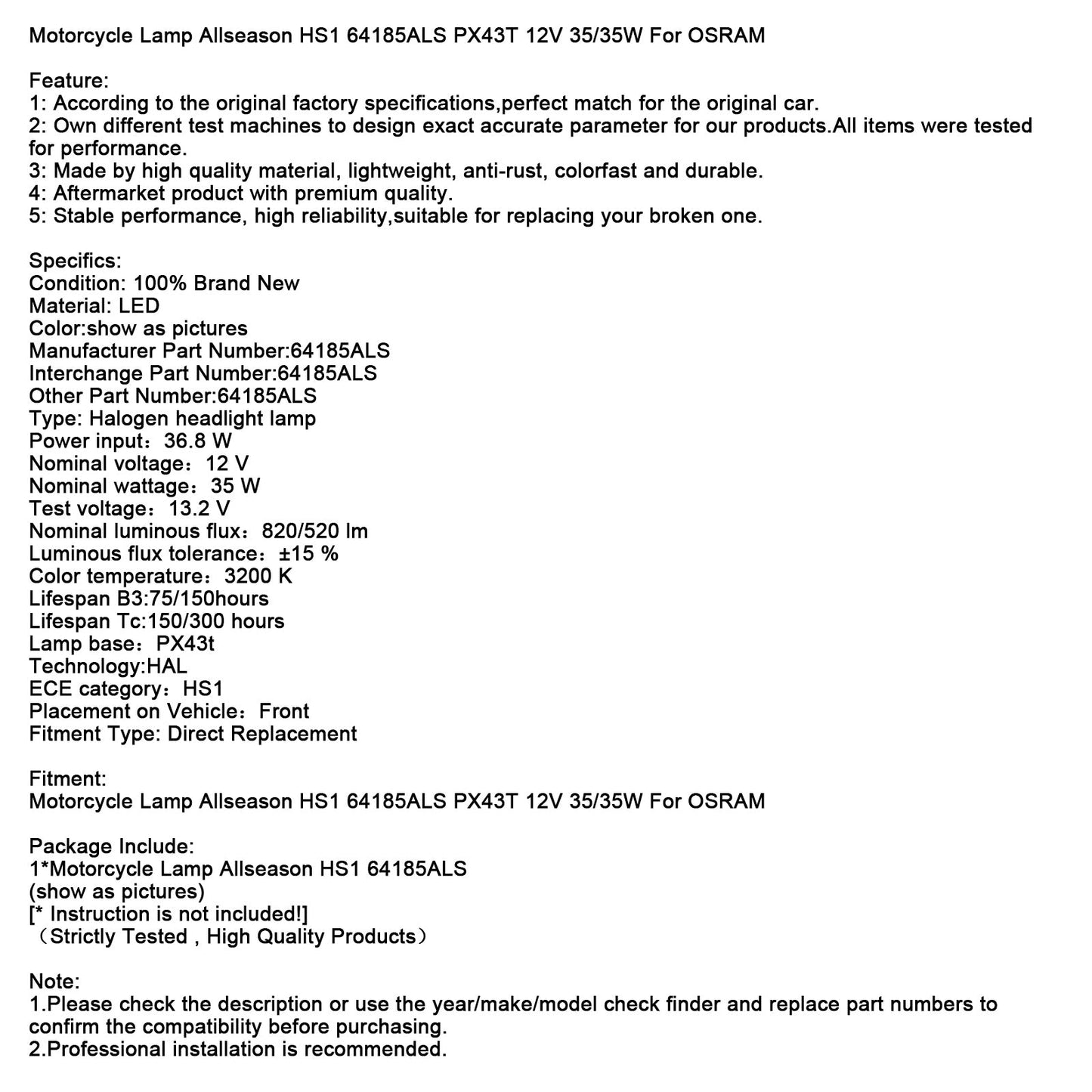 Motorcycle Lamp Allseason HS1 64185ALS PX43T 12V 35/35W For OSRAM