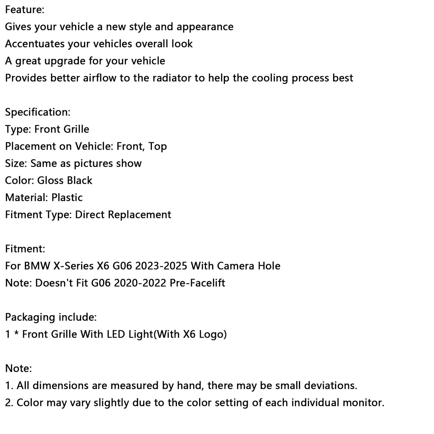 2023-2025 BMW X6 G06 M60i W/Camera Hole Double Slat Front Bumper Grille