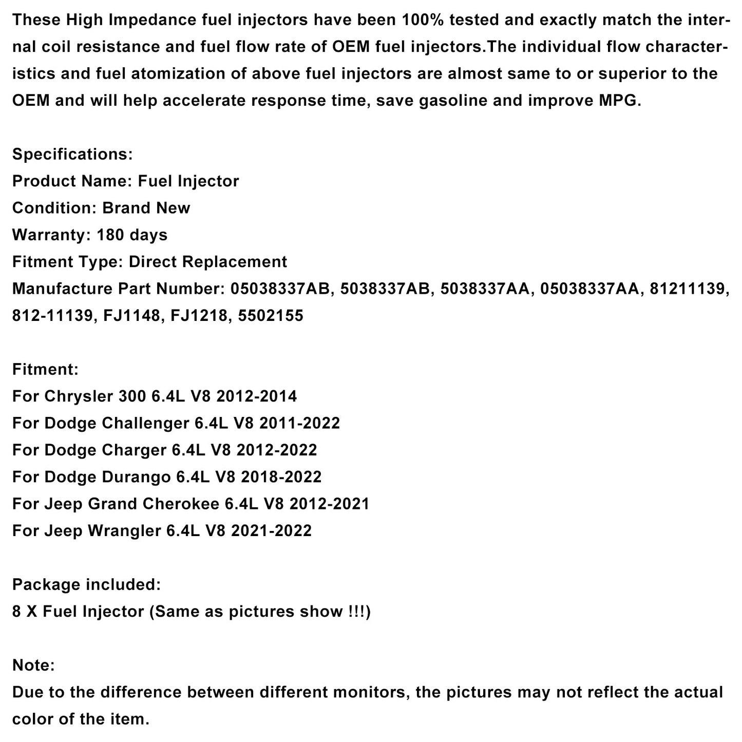 8PCS Fuel Injector 05038337AB Fit Dodge Charger Fit Grand Cherokee 2012-2021