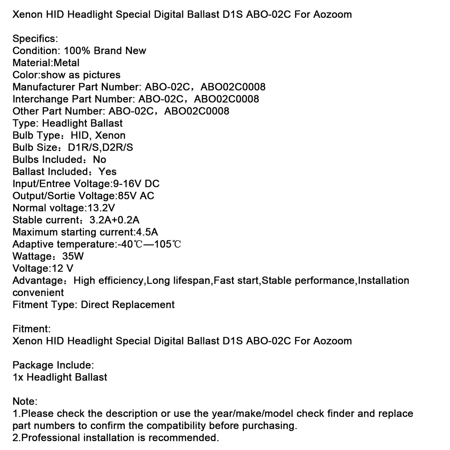 Xenon HID Headlight Special Digital Ballast D1S ABO-02C