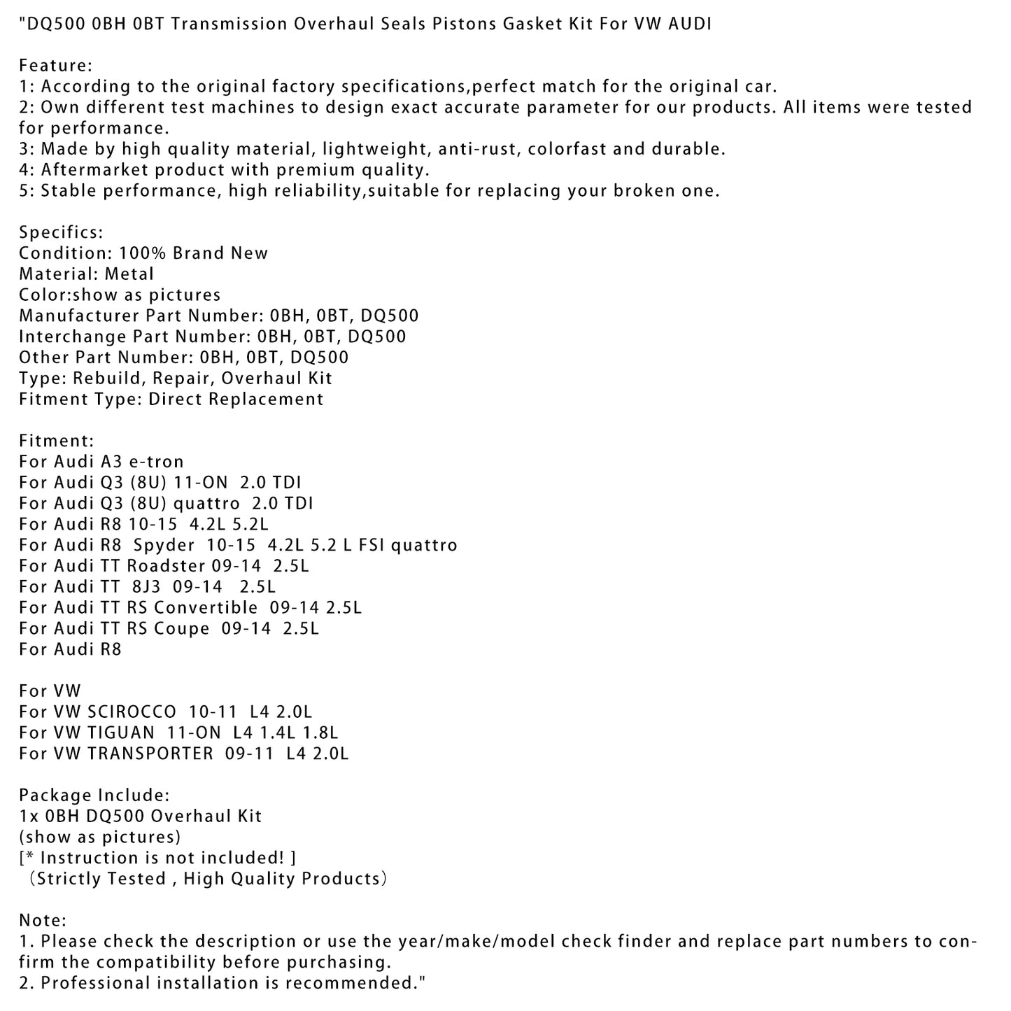 DQ500 0BH 0BT Transmission Overhaul Seals Pistons Gasket Kit For VW AUDI