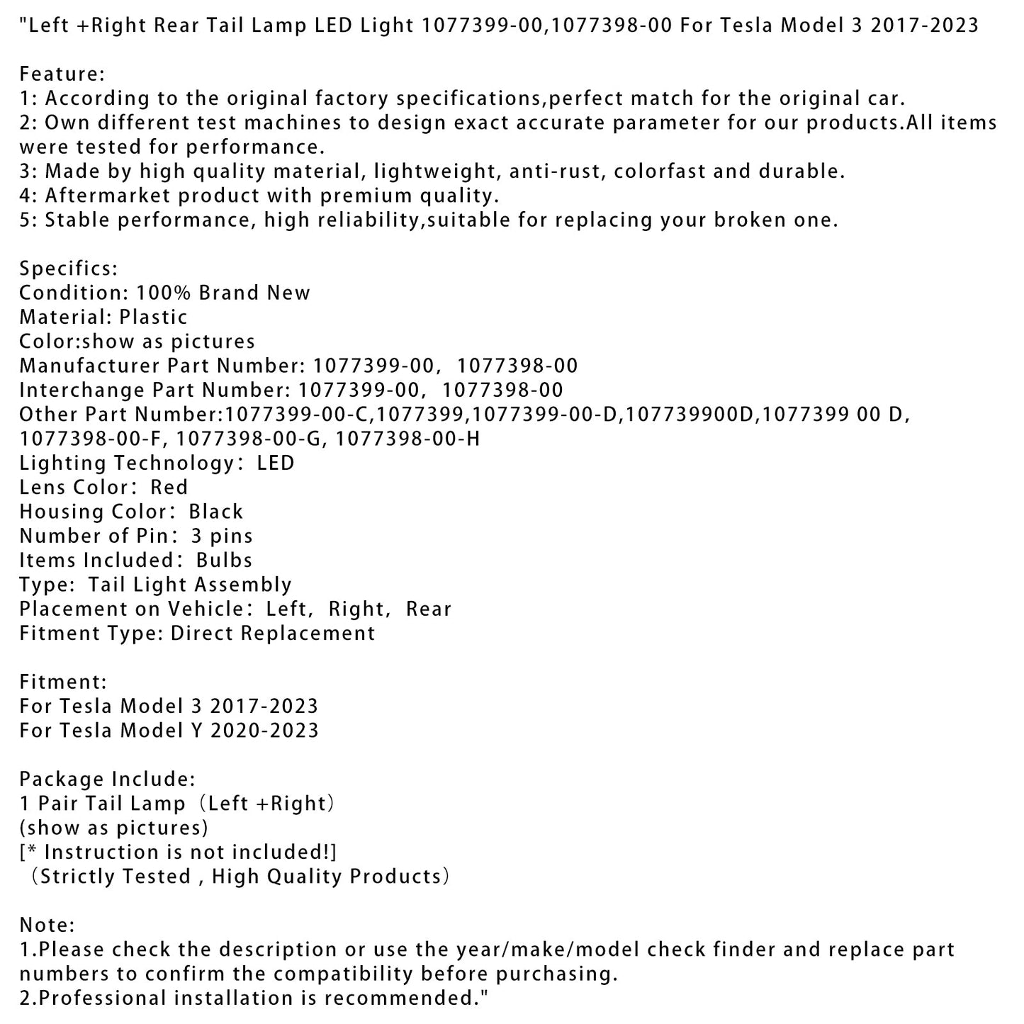 L+R Rear Tail Lamp LED Light 1077399-00,1077398-00 For Tesla Model 3 2017-2023