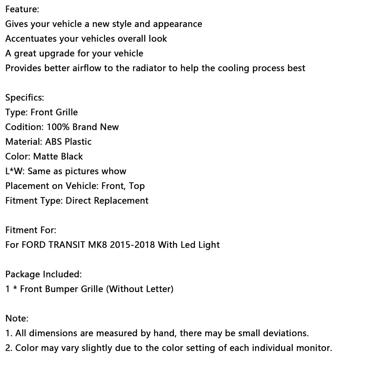 2015-2018 Ford Transit MK8 Raptor w/LED Matt Black Front Bumper Grill Grille