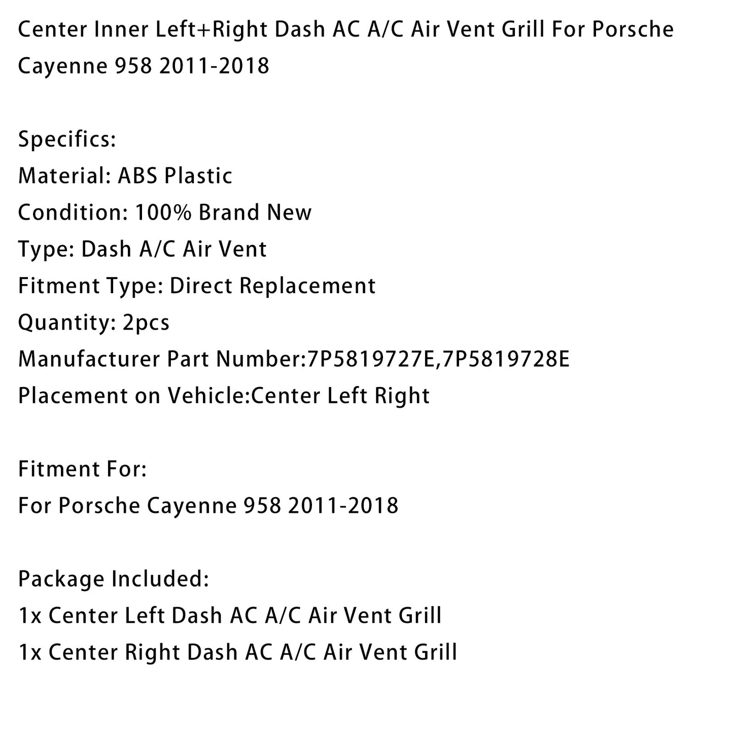 2011-2018 Porsche Cayenne 958 Center Left+Right Dash A/C Air Vent
