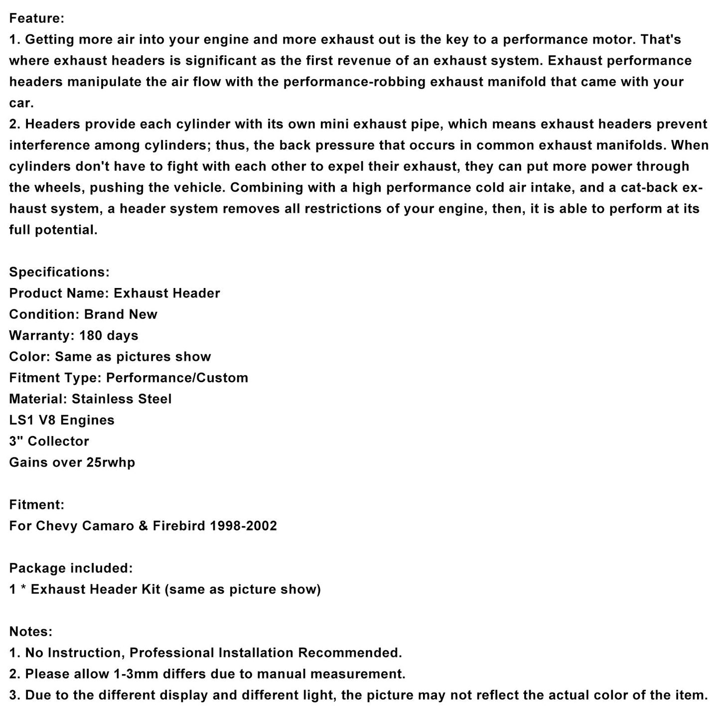 Exhaust Manifold Header Fit Chevy LS1 Camaro Race Version F-Body 1-7/8