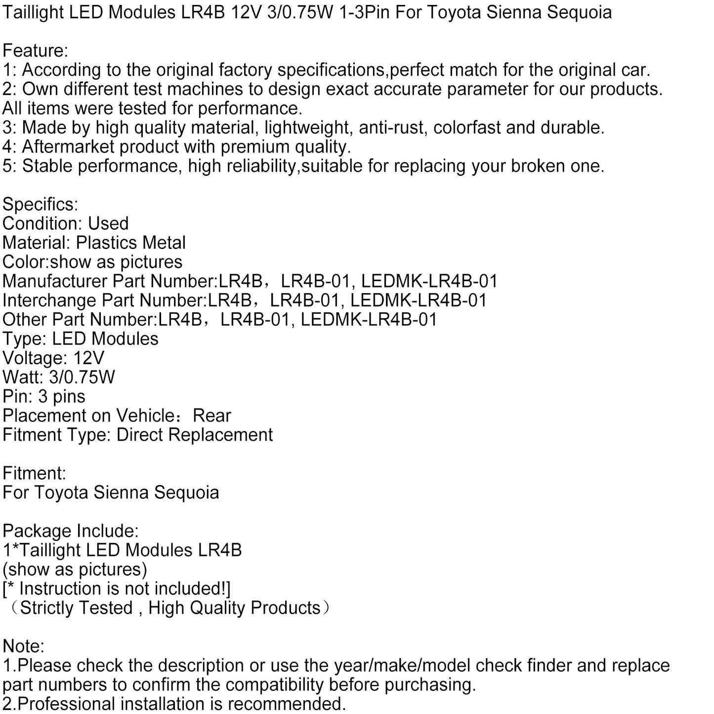 Taillight LED Modules LR4B 12V 3/0.75W 1-3Pin For Toyota Sienna Sequoia