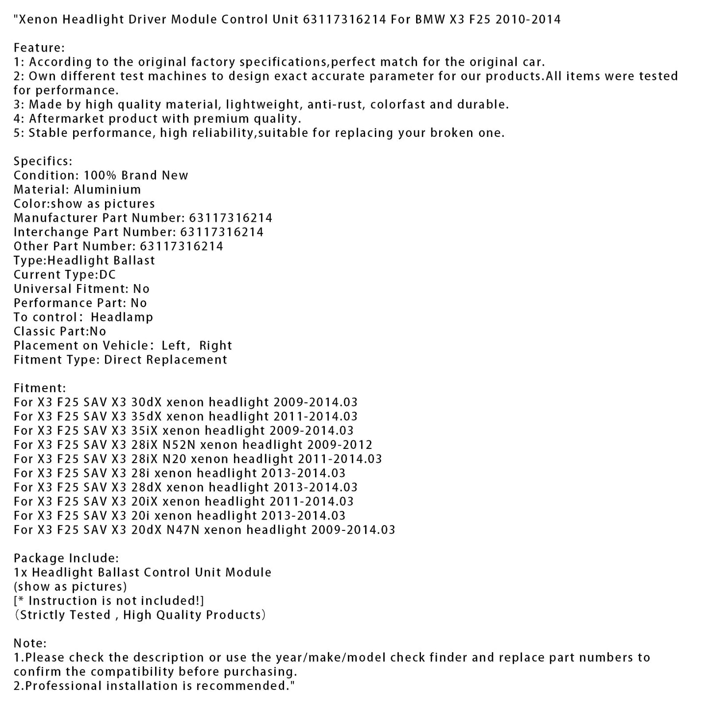 2011-2014.03 BMW X3 F25 SAV X3 35dX Xenon Headlight Driver Module Control Unit 63117316214