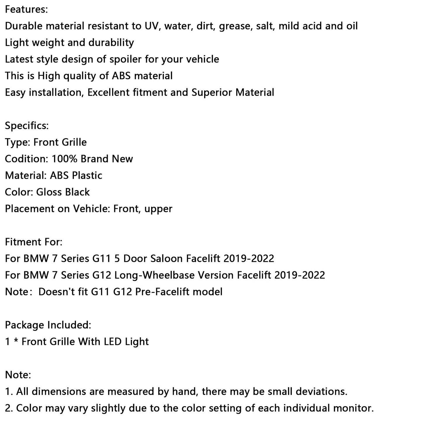 2019-2022 BMW 7 Series G11 G12 Single Slat Gloss Black Front Grill Grille Fit