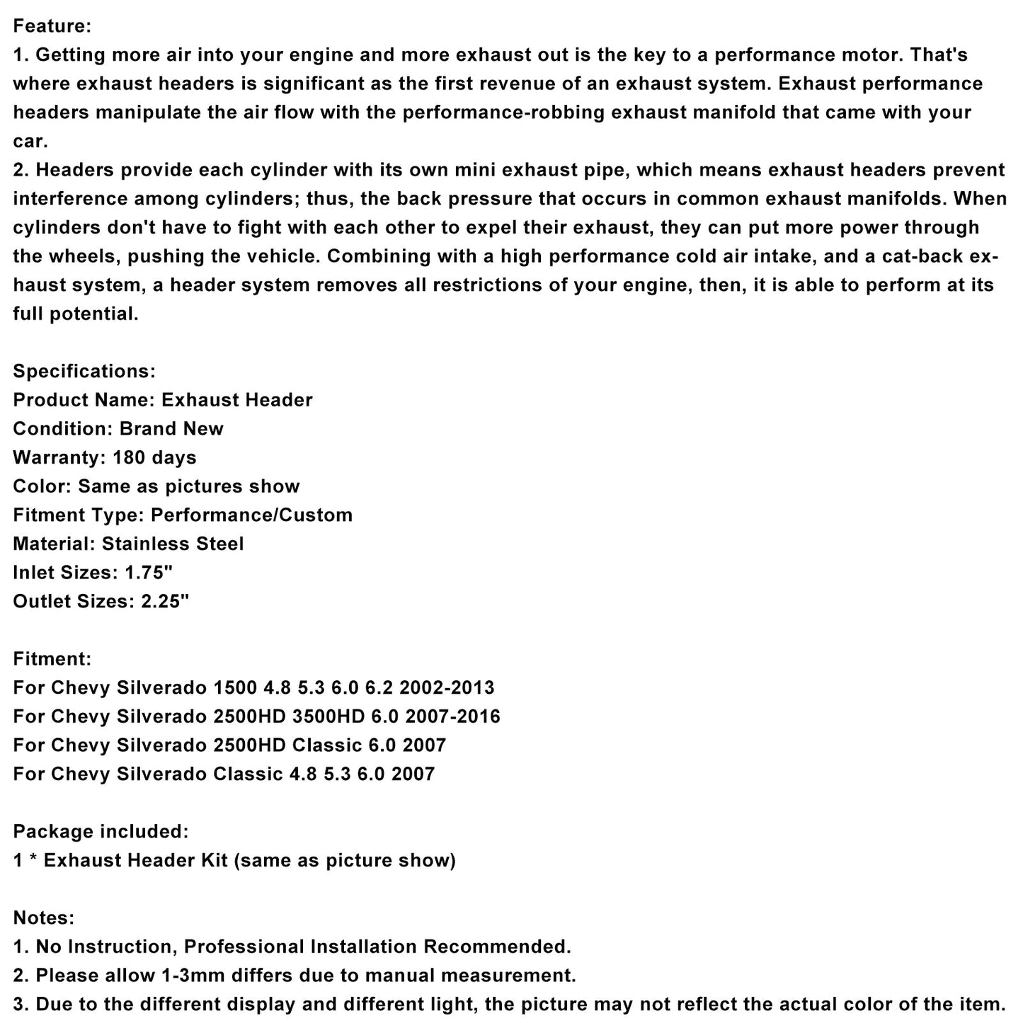 Exhaust Manifold Header Fit GMC Silverado 1500 2500 3500 4.8 5.3 6.0L 2002-2013