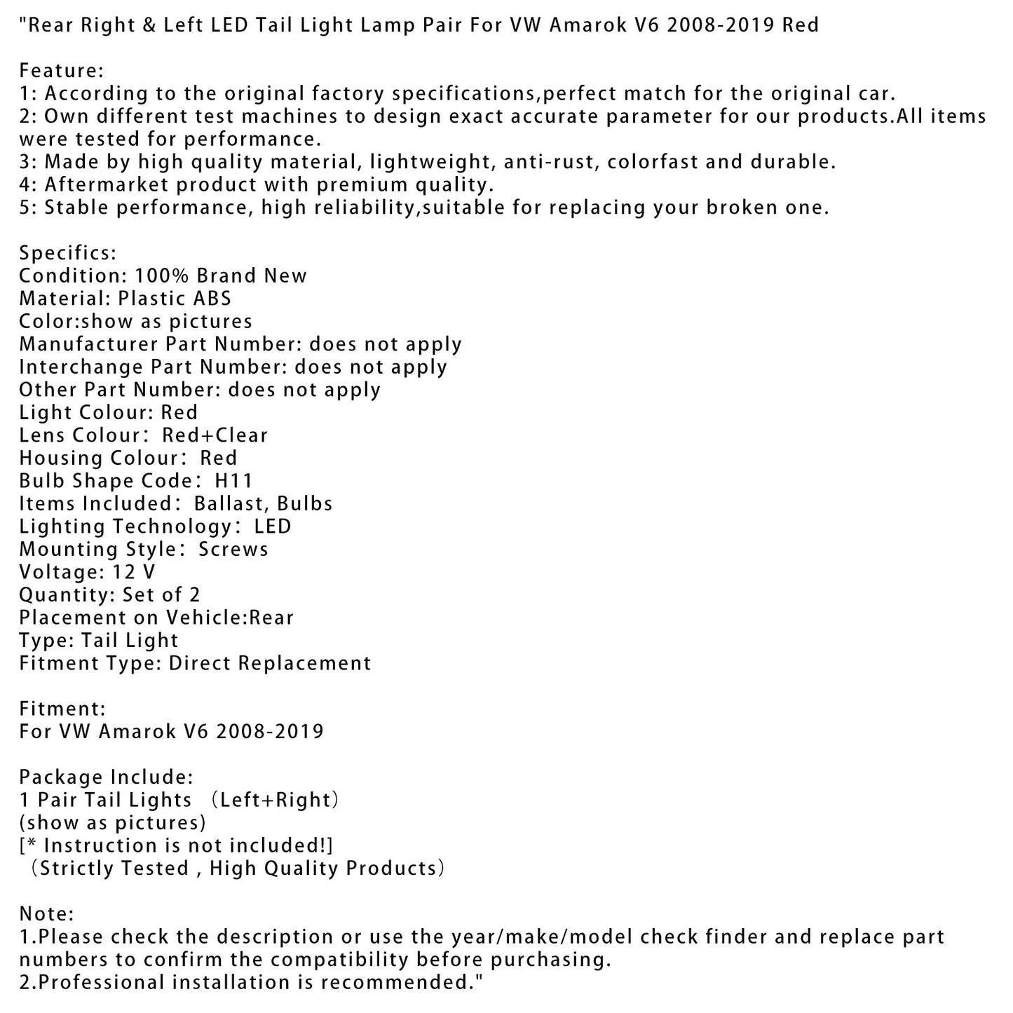2008-2019 VW Amarok V6 Rear Right & Left LED Tail Light Lamp Pair Red