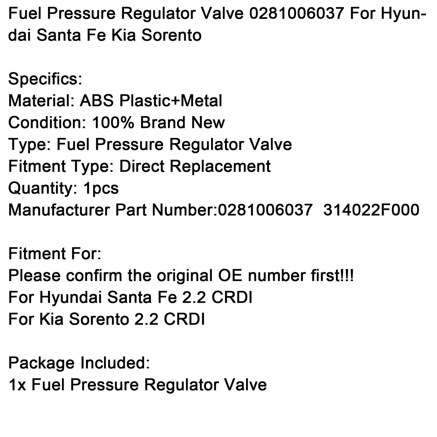Fuel Pressure Regulator Valve 0281006037 For Hyundai Santa Fe Kia Sorento