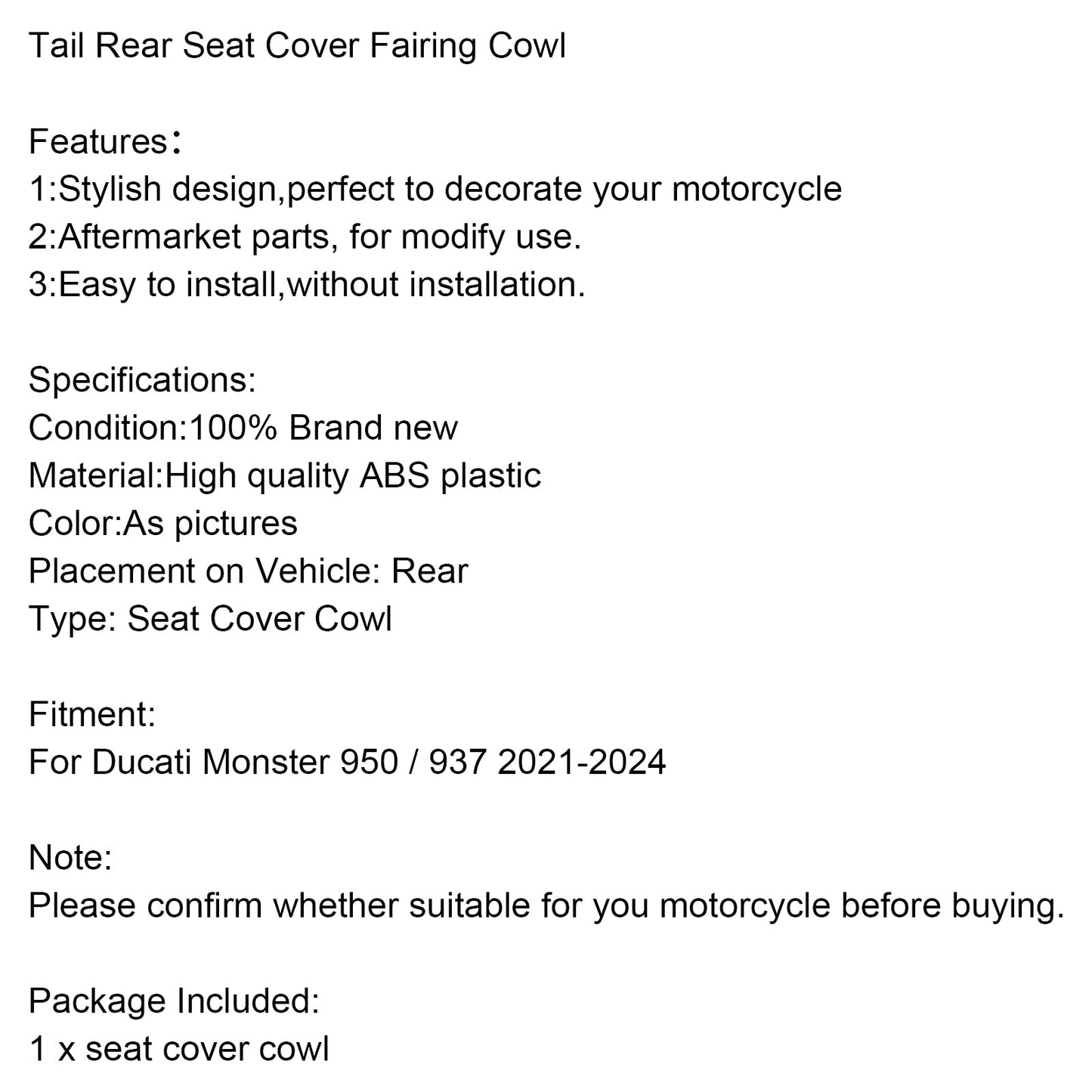 2021-2024 Ducati Monster 950 937 Tail Rear Seat Cover Fairing Cowl