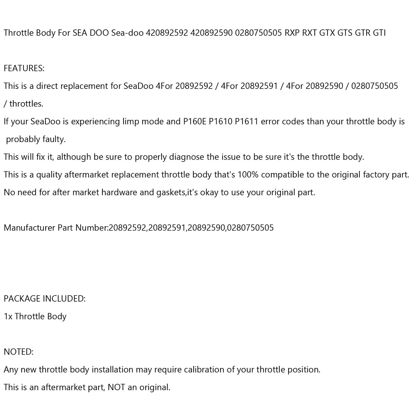 2012 Sea Doo GTI LTD 155 Throttle Body 20892592 20892591