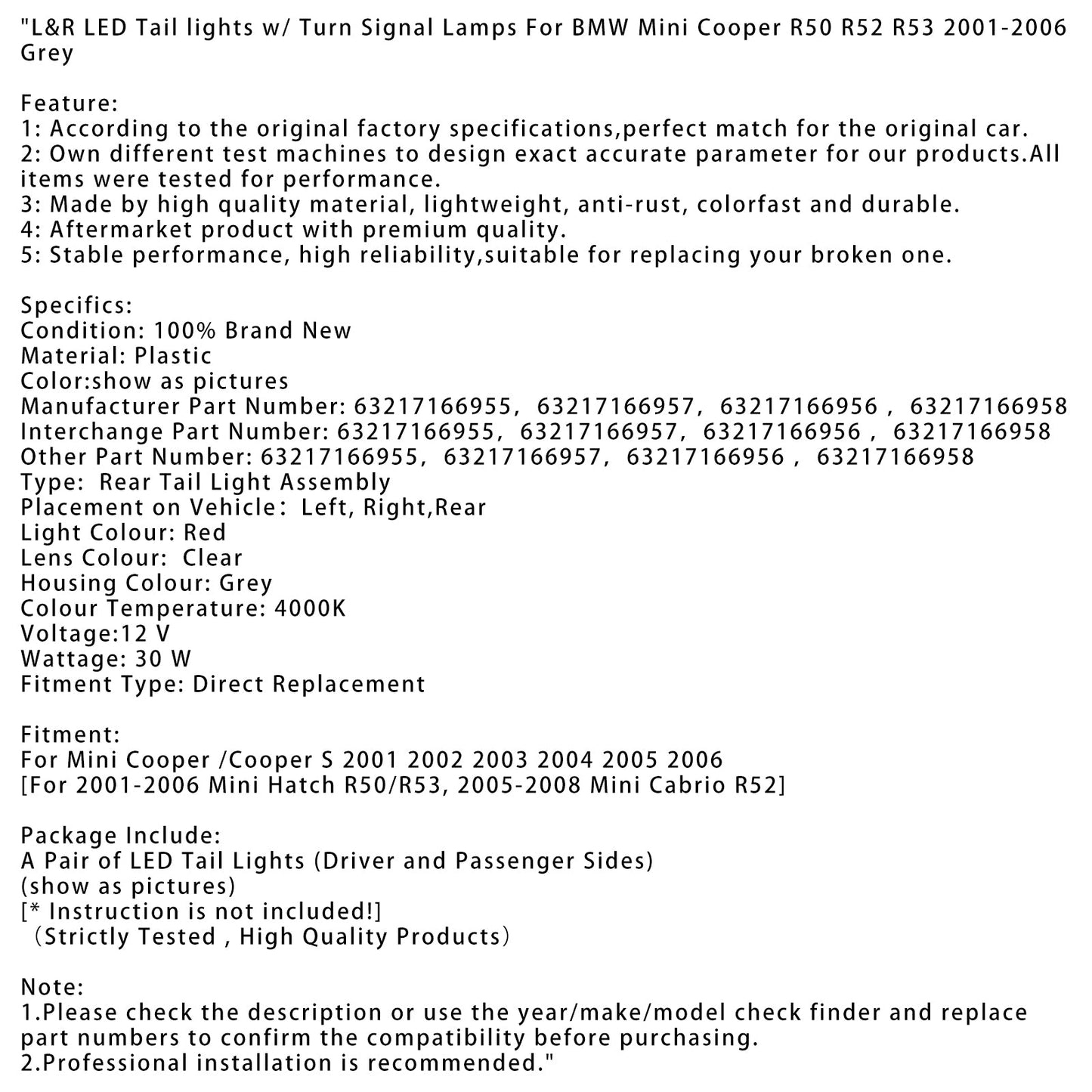 2001 2002 2003 2004 2005 2006 BMW Mini Cooper R50 R52 R53 L&R LED Tail lights w/ Turn Signal Lamps