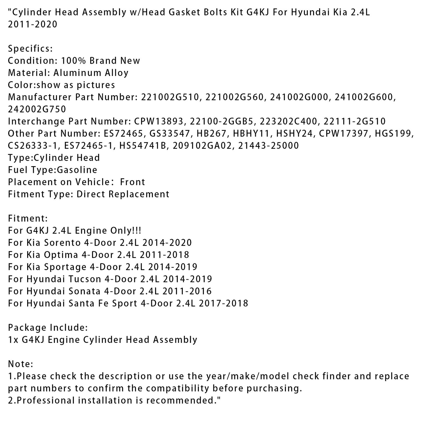 2014-2020 Kia Sorento 4-Door 2.4L Cylinder Head Assembly w/Head Gasket Bolts Kit G4KJ 221002G510