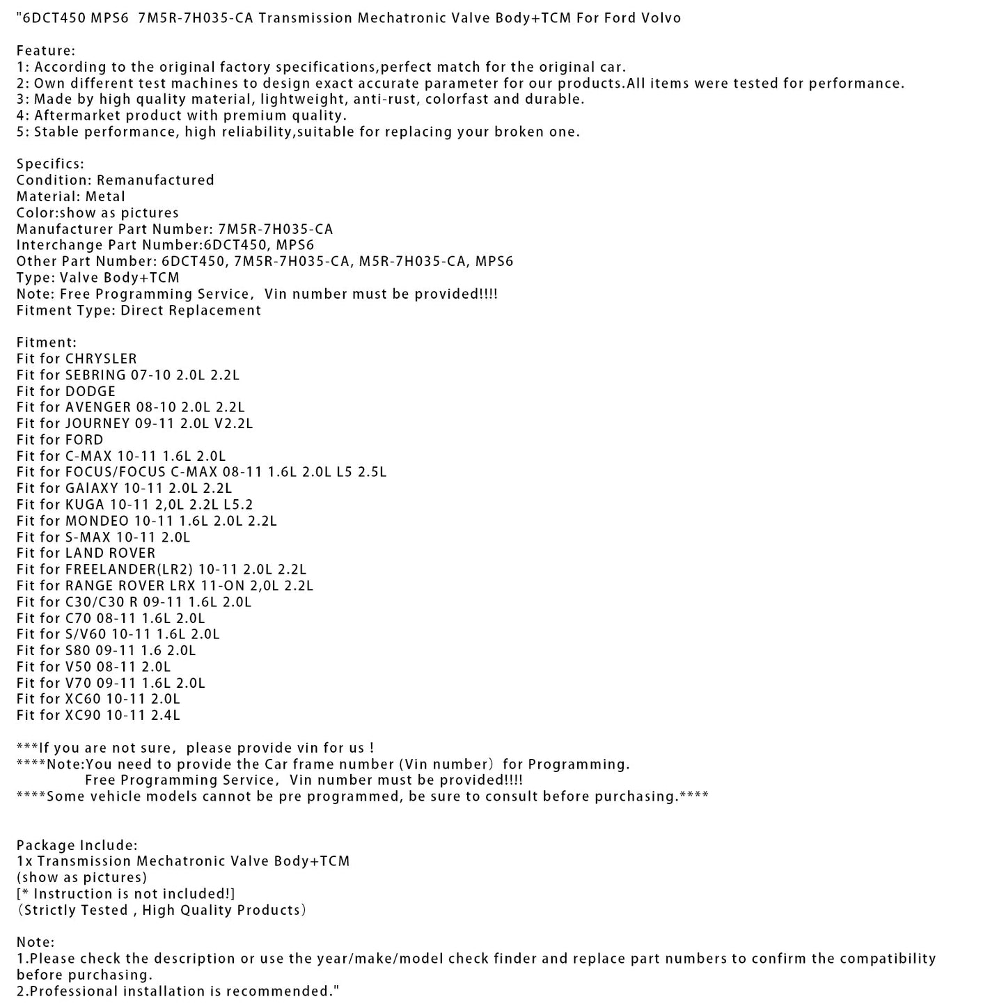 6DCT450 MPS6 7M5R-7H035-CA Transmission Mechatronic Valve Body+TCM For Ford