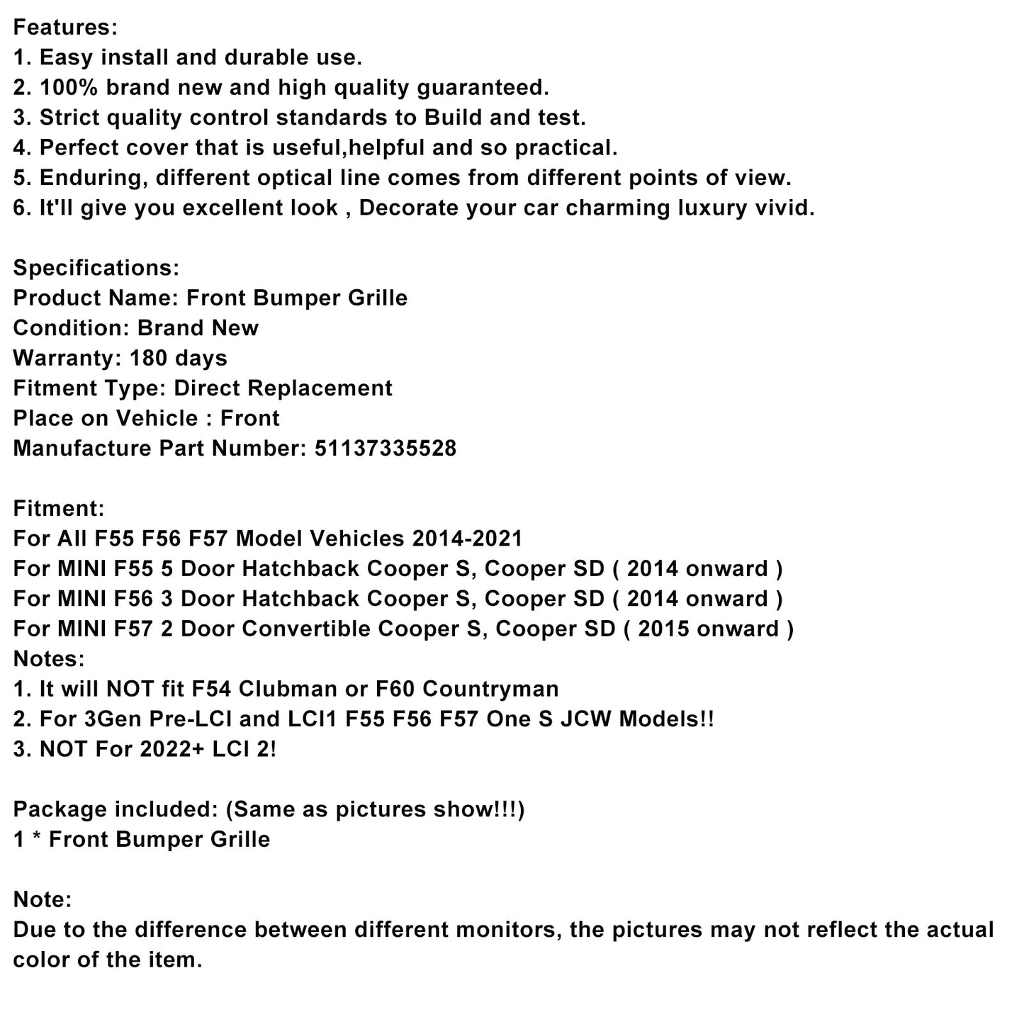 Black Front Mesh Grille Grill 51137335528 Fit Mini Cooper F55 F56 F57 2014-2021