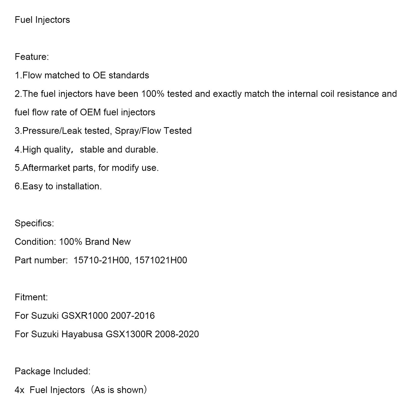 4PCS 15710-21H00 Fuel Injectors 1571021H00 For Suzuki GSXR1000 2007-2016 GSX1300R 2008-2020