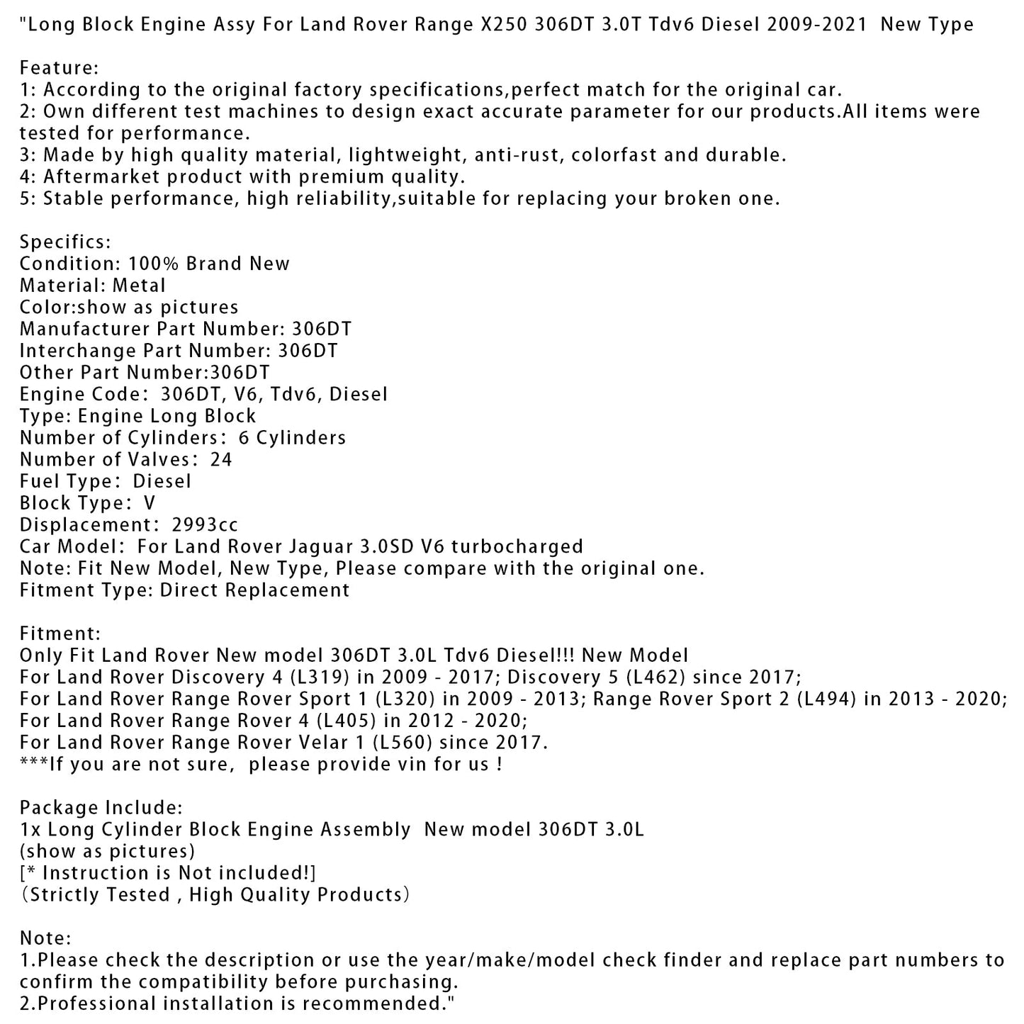 2009-2017 Land Rover Discovery 4 (L319) Long Block Engine 306DT