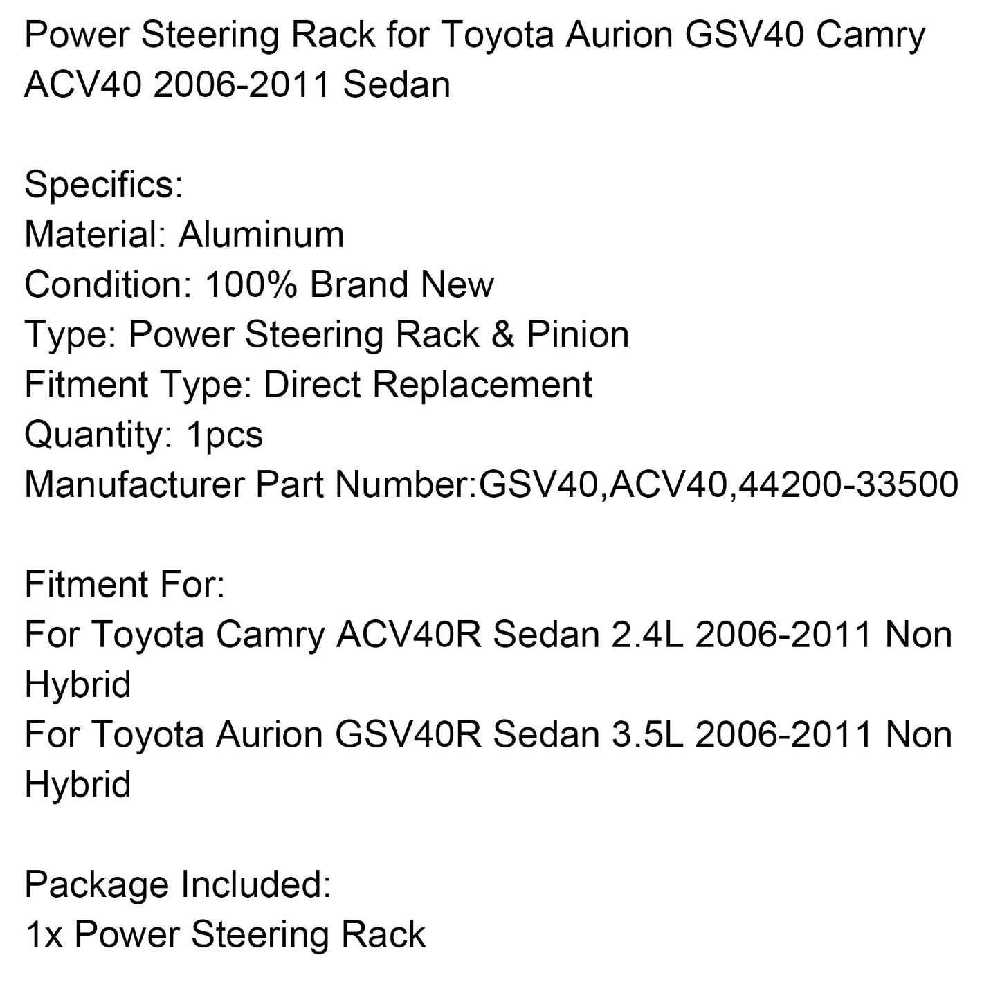 2006-2011 Toyota Aurion GSV40 Camry ACV40 Sedan RHD Power Steering Rack