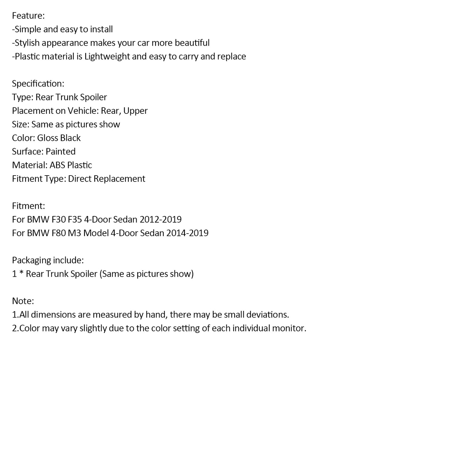 2012-2019 BMW F30 F35 4-Door Sedan M3 Style Rear Trunk Spoiler Wing Gloss Black