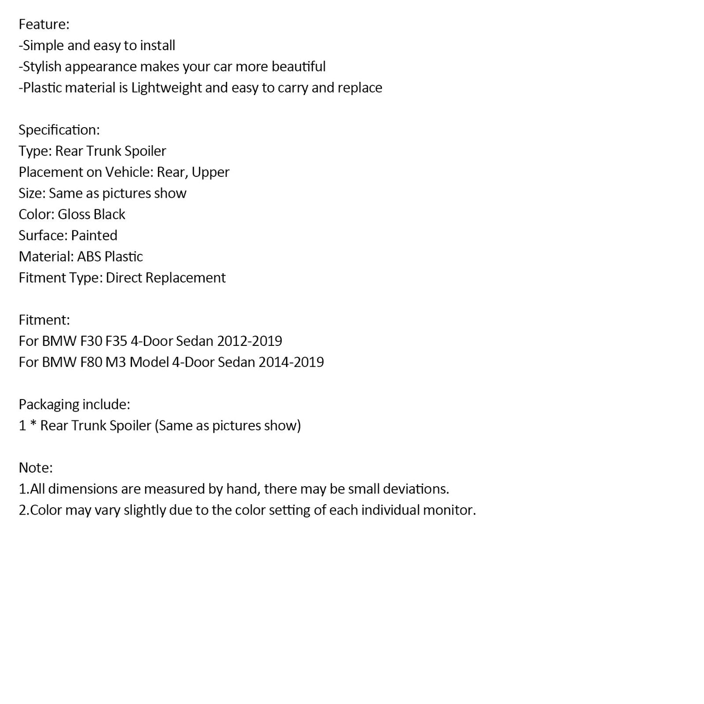 2014-2019 BMW F80 M3 Model 4-Door Sedan M3 Style Rear Trunk Spoiler Wing Gloss Black