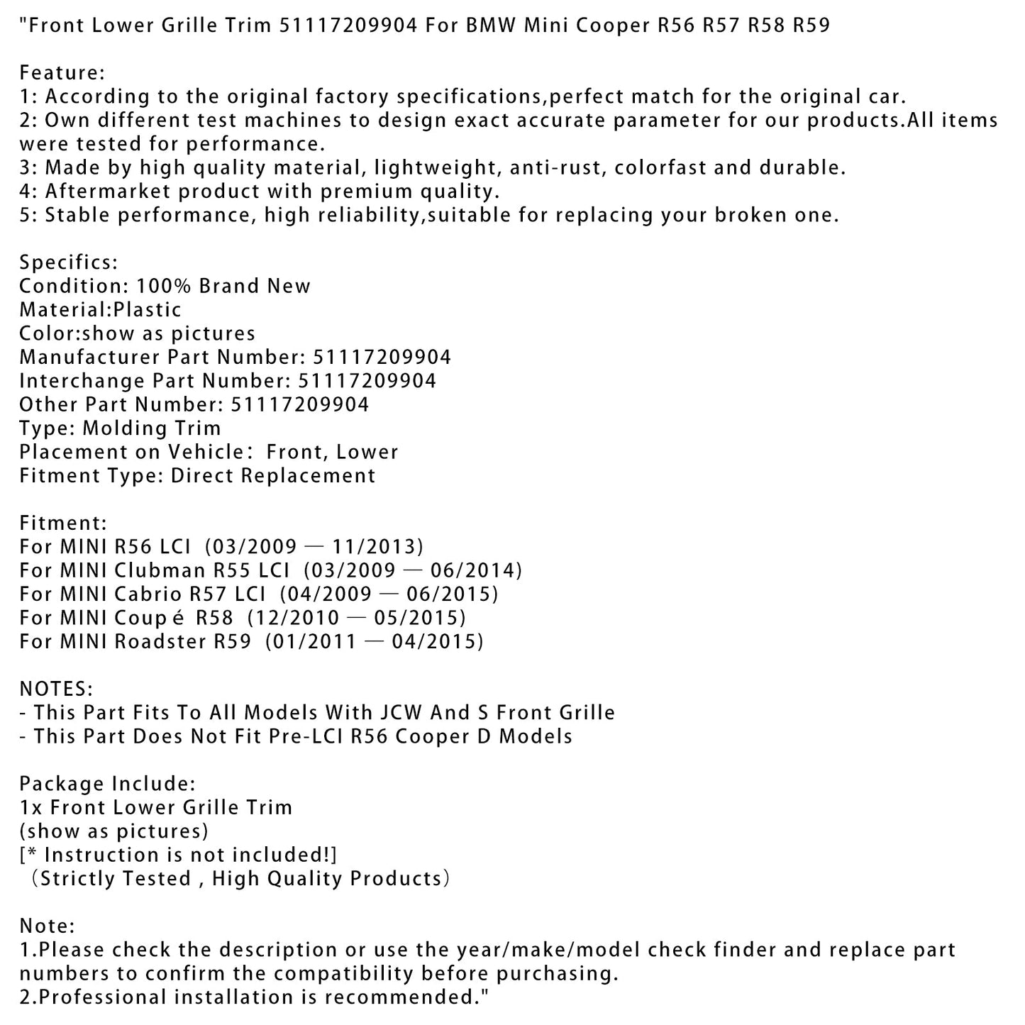 01/2011-04/2015 MINI Roadster R59 Front Lower Grille Trim 51117209904