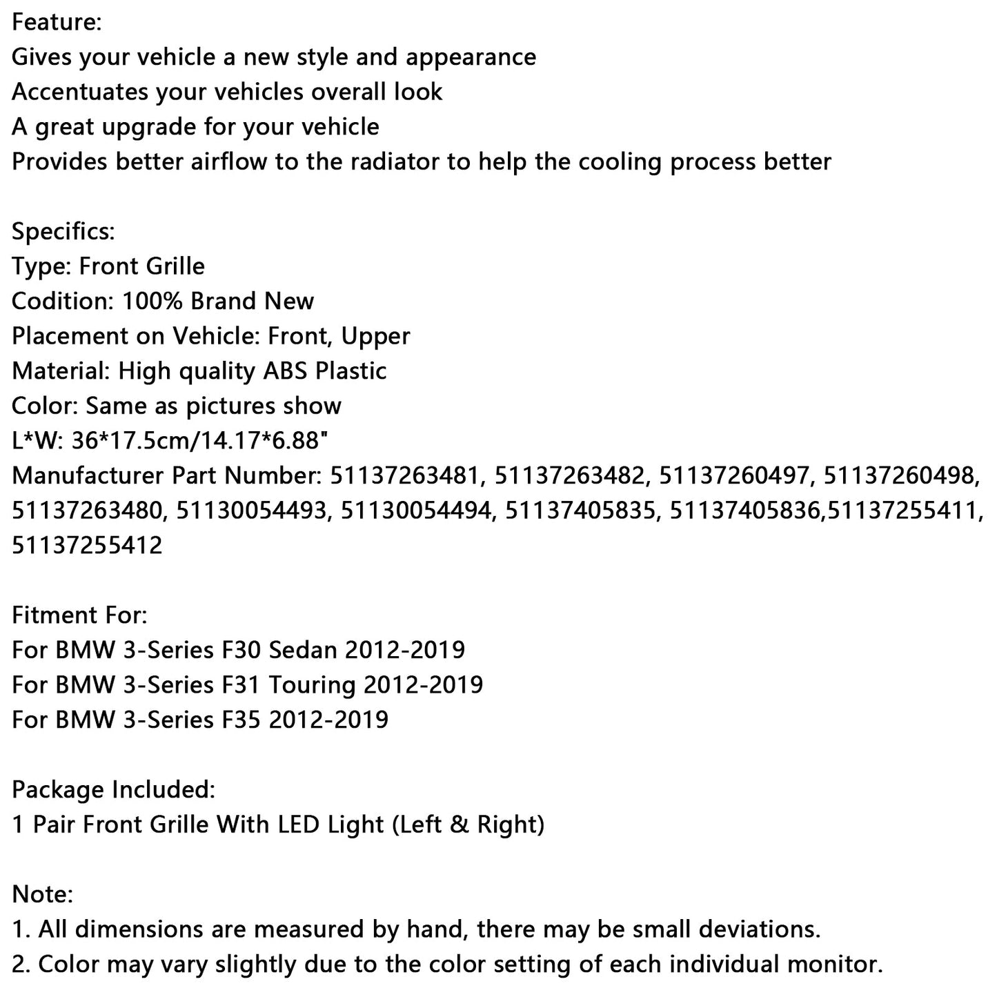 2012-2019 BMW 3-Series F31 Touring Gloss Black Front Kidney Grille Grill 51137263481 51137255412