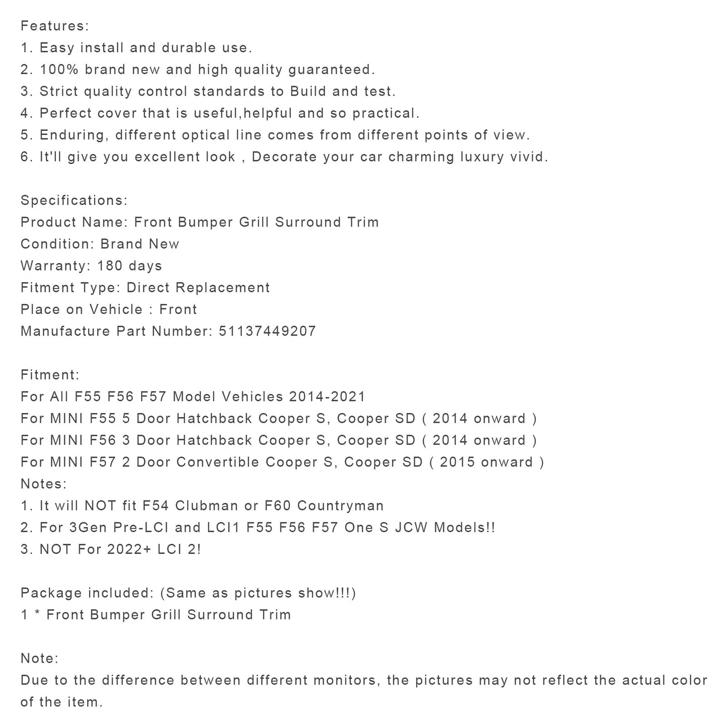 2014-2021 Mini Cooper F55 F56 F57 Front Grill Grille Surround 51137449207