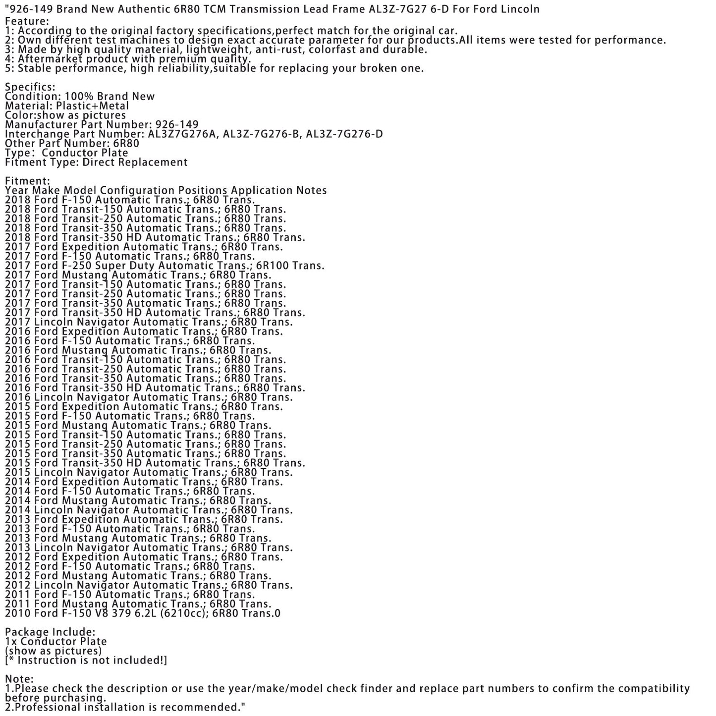 2015-2018 Ford Transit-350 Automatic Trans Brand New Authentic 6R80 TCM Transmission Lead Frame 926-149