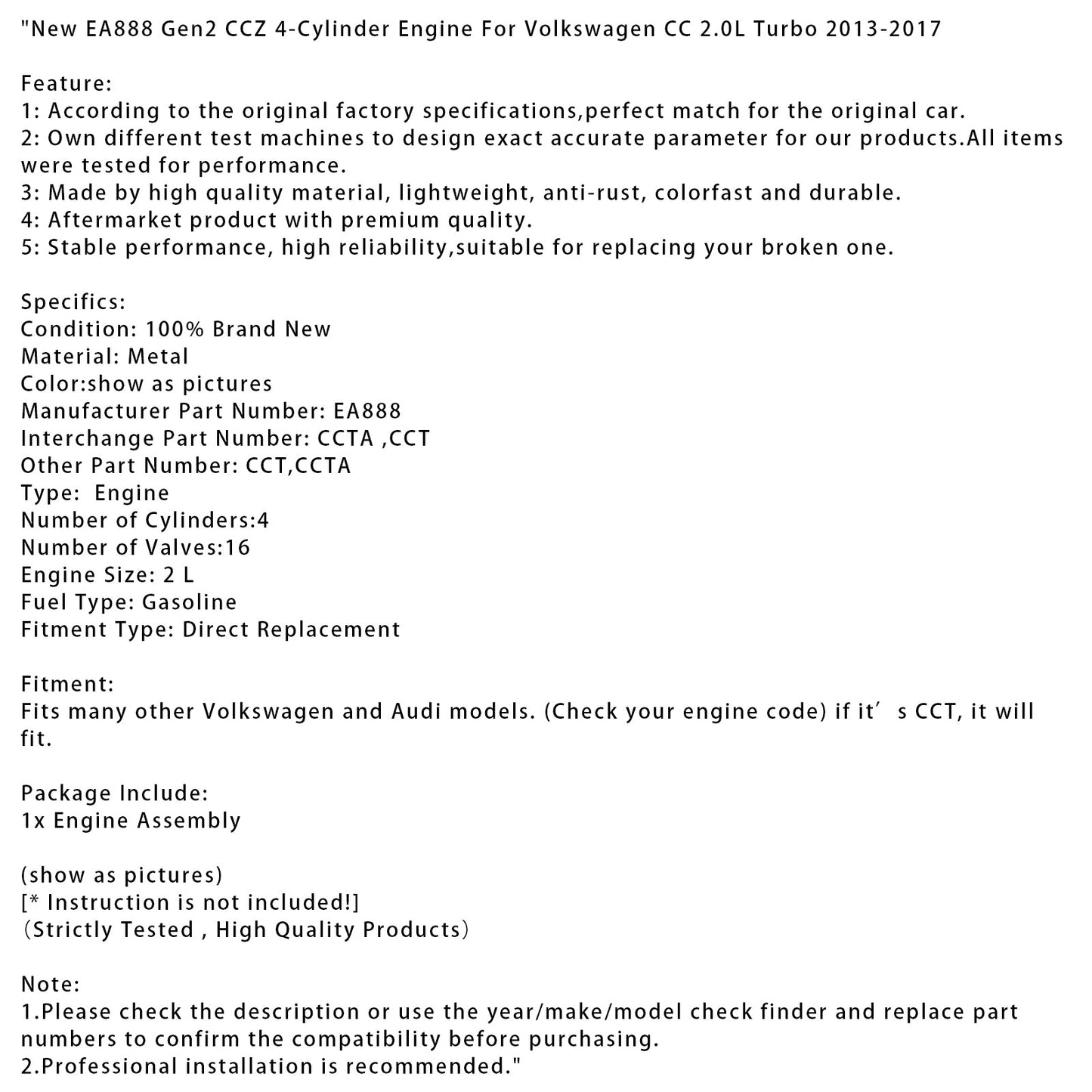 Brand New Motor Engine For Audi A4 A5 A6 Q5 2.0TFSI CDN CDNB CDNC/ CAE CAEA