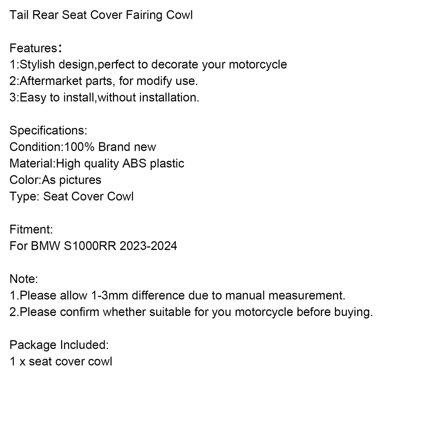 2023-2024 BMW S1000RR Tail Rear Seat Cover Fairing Cowl