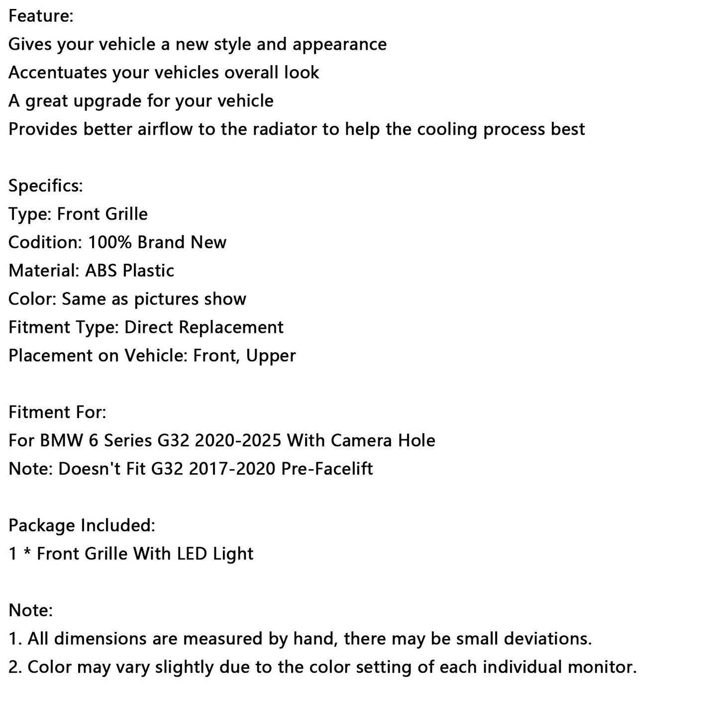 2020-2025 BMW 6 Series G32 Double Slat Black Front Kidney Grill Grille