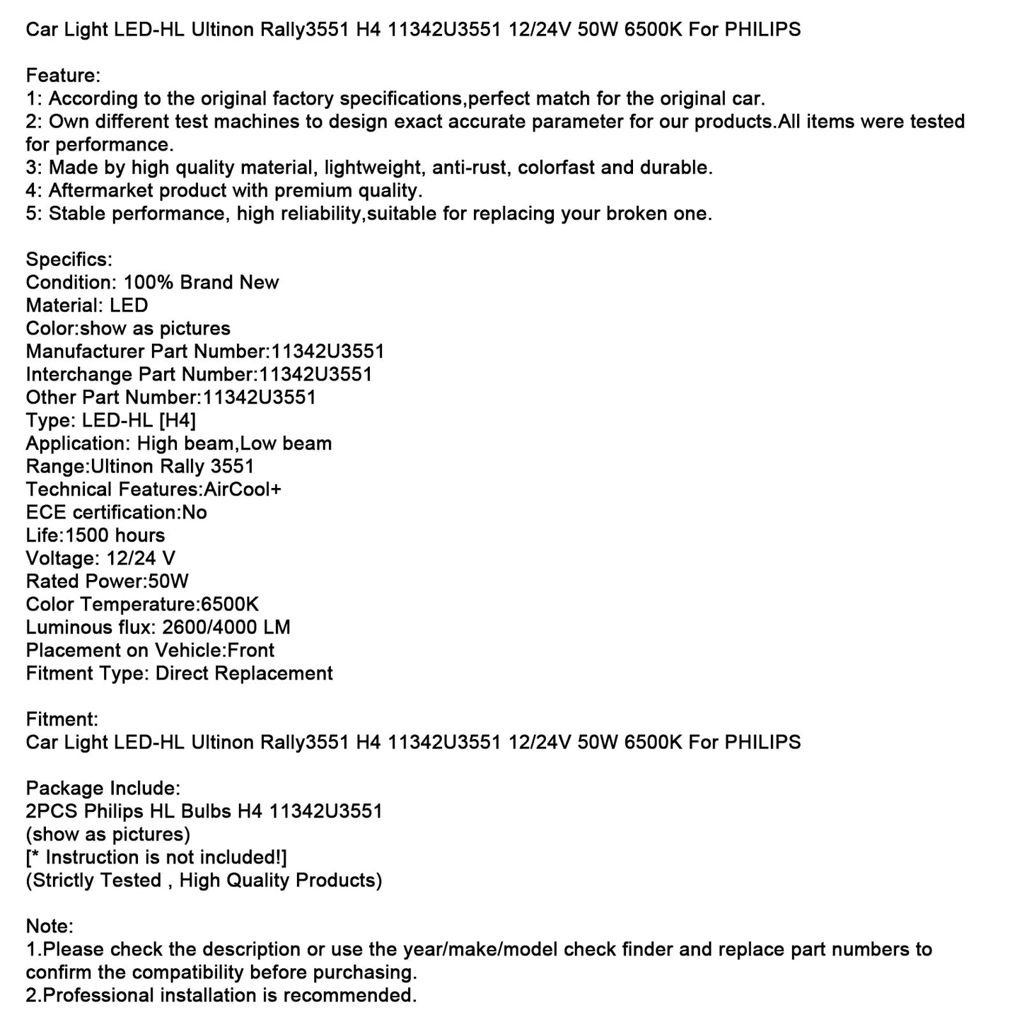 Car Light LED-HL Ultinon Rally3551 H4 11342U3551 12/24V 50W 6500K For PHILIPS