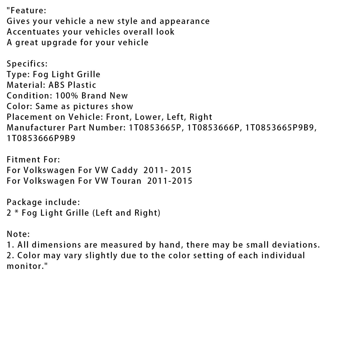 2011-2015 Volkswagen VW Caddy Touran 2PCS Bumper Fog Light Lamp Trim Covers Grill Chrome