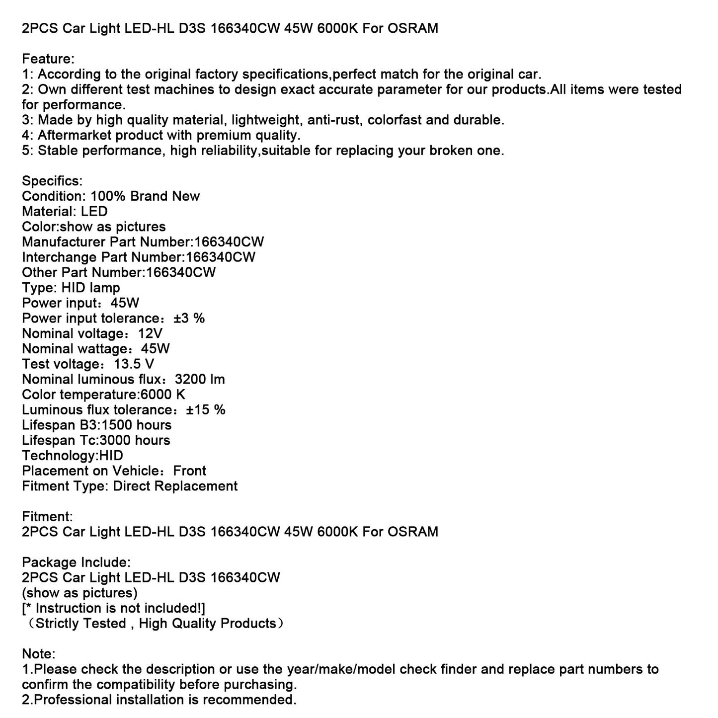 2PCS Car Light LED-HL D3S 166340CW 45W 6000K For OSRAM