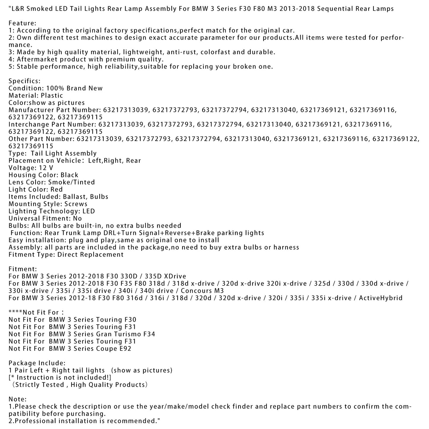 L&R Smoked LED Tail Lights Rear Lamp Assembly For BMW 3 F30 F80 M3 2013-2018