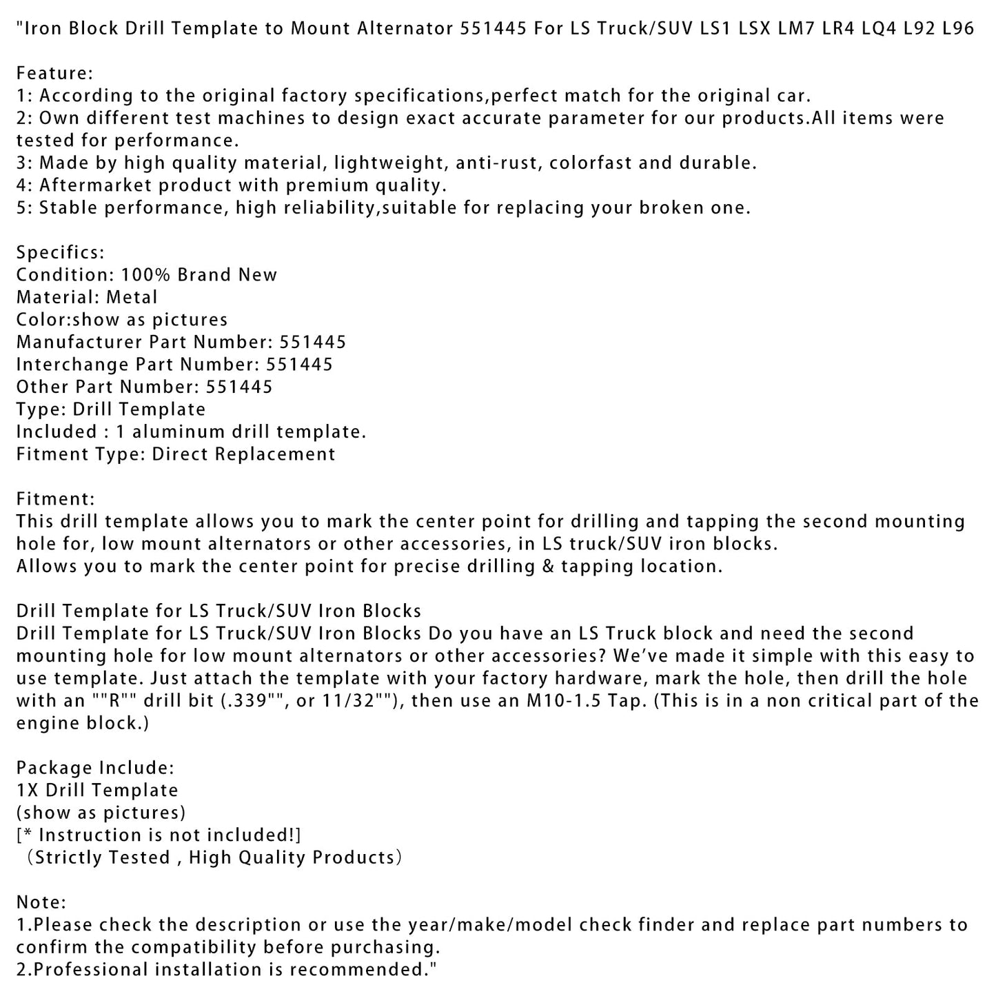 Iron Block Drill Template to Mount Alternator 551445 For LS Truck/SUV LS1 LSX