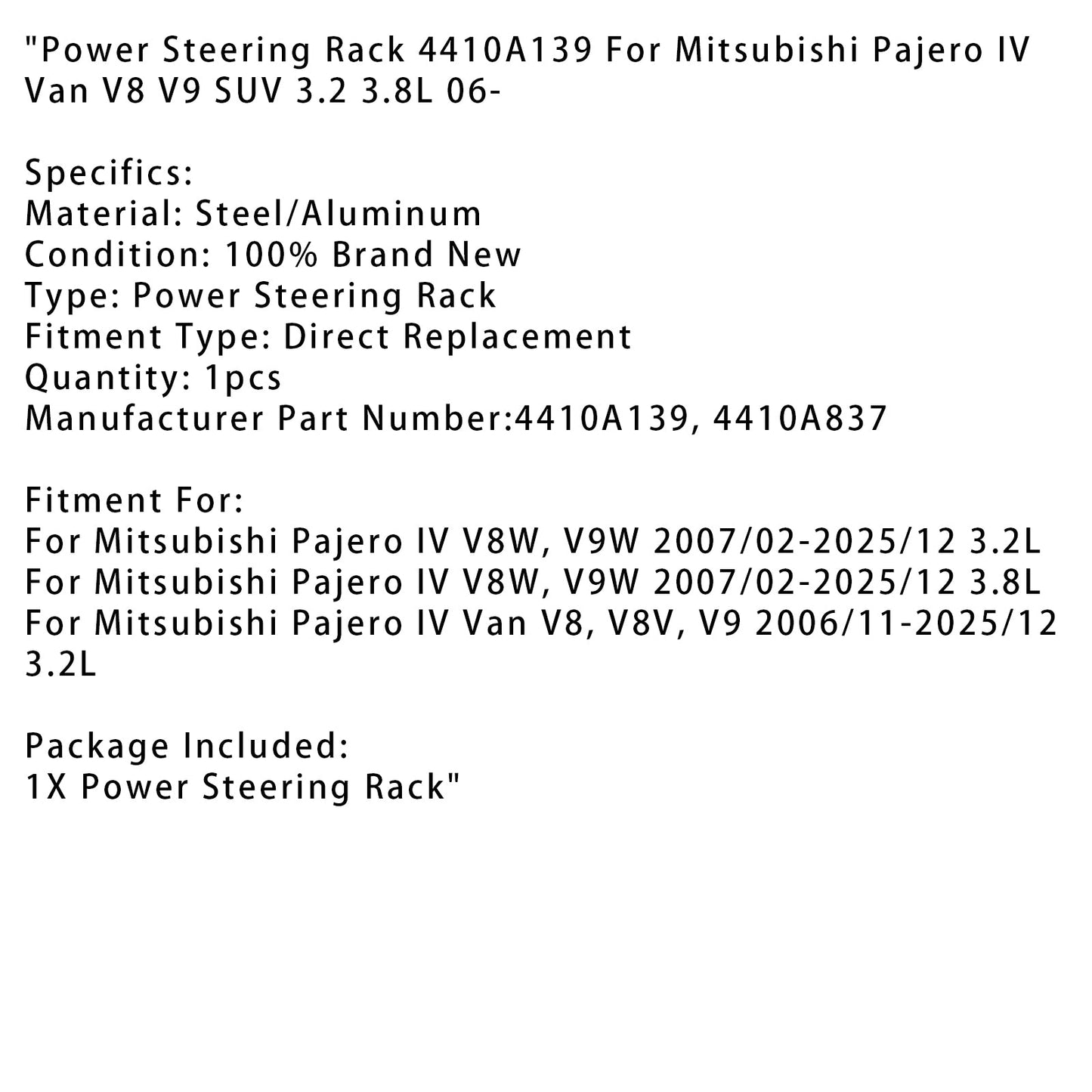 2007/02-2025/12 Mitsubishi Pajero IV V8W, V9W 3.2L Power Steering Rack 4410A139 4410A837