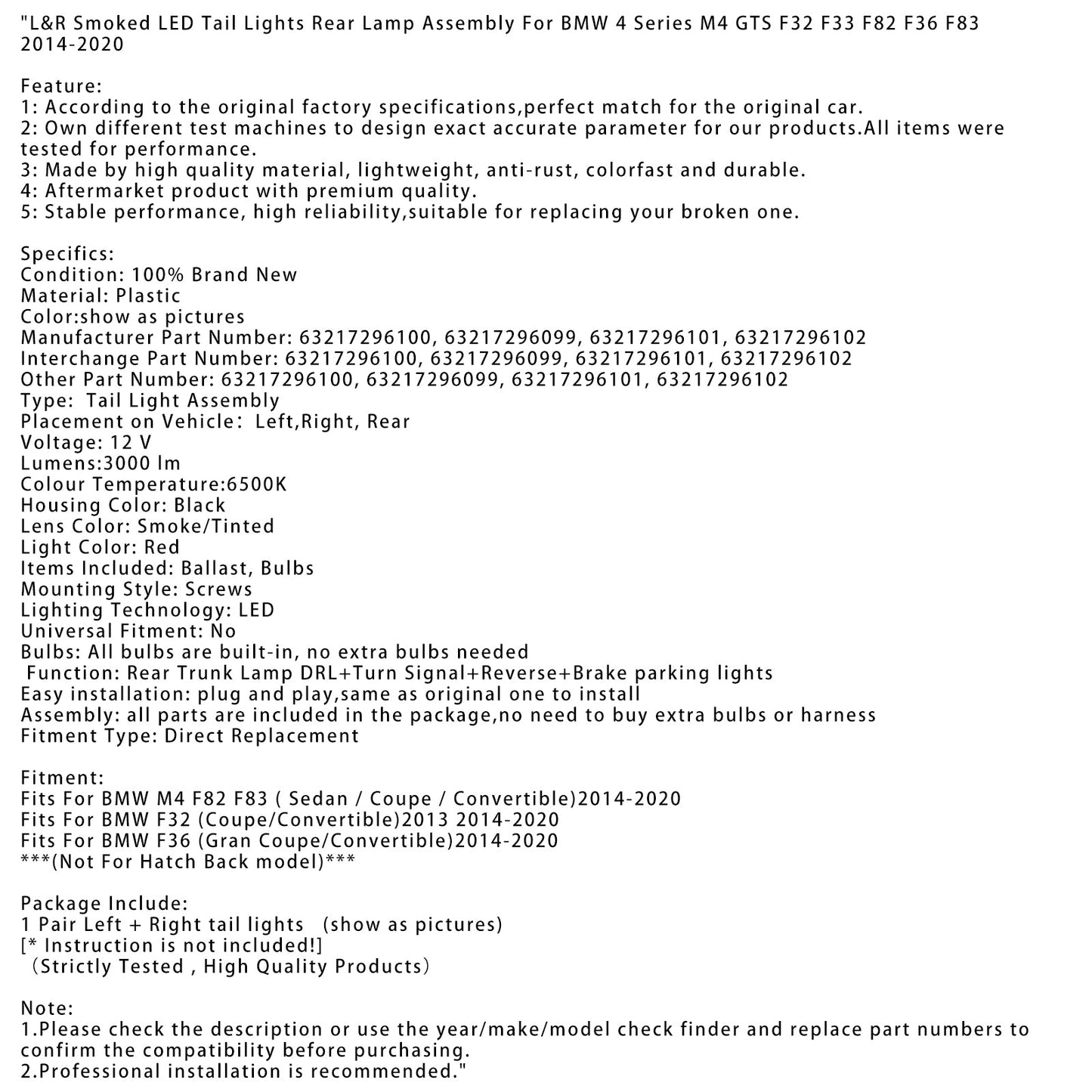 L&R Smoked LED Tail Lights Rear Lamp Assembly For BMW 4 M4 GTS F32 F33 F82