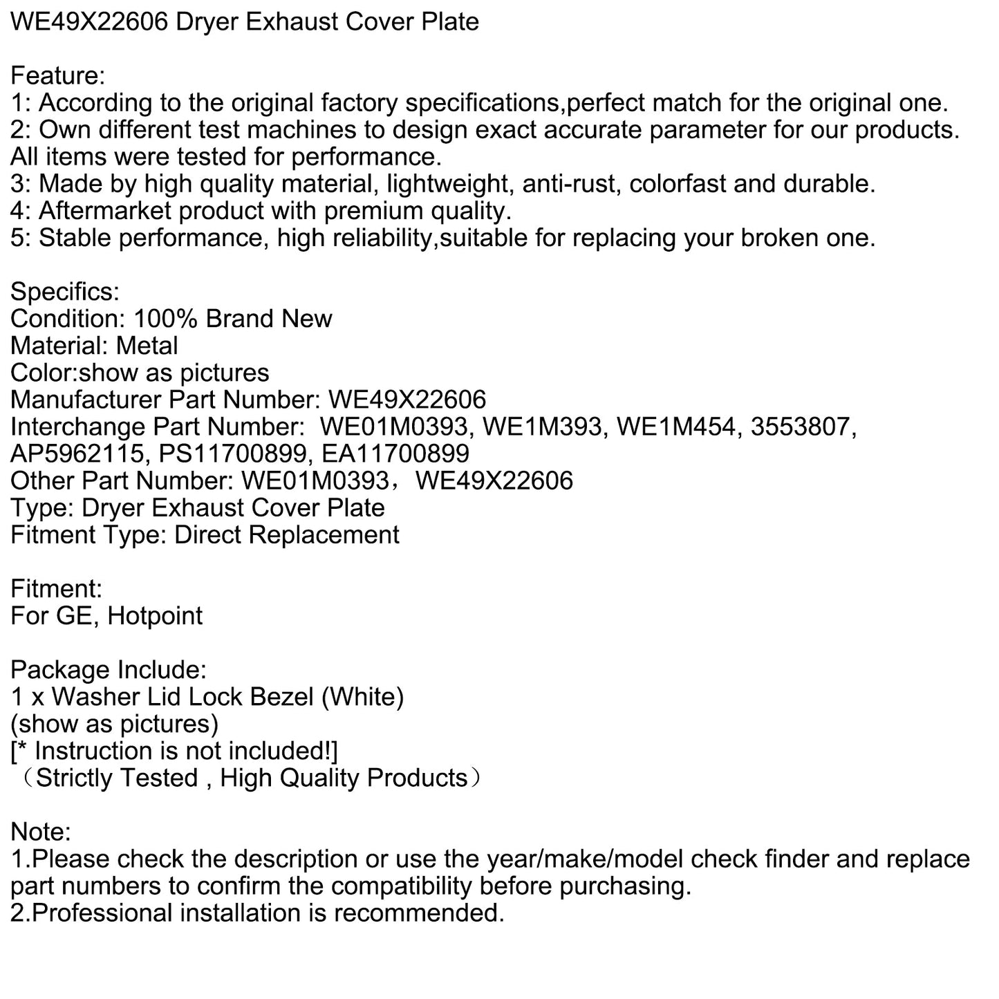 WE49X22606 Dryer Exhaust Cover Plate