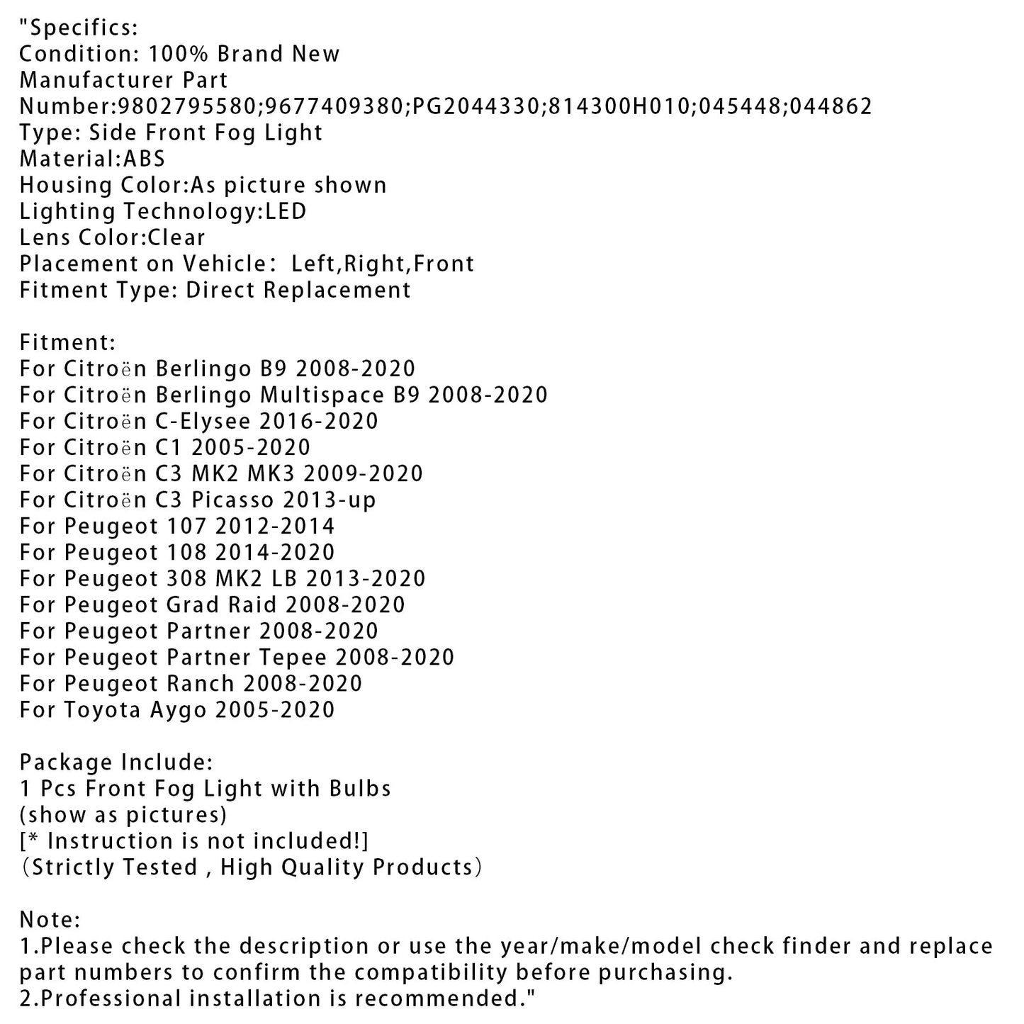 1 Pcs LED Daytime Running Fog Light For Citroen C3 Berlingo Peugeot 9802795580