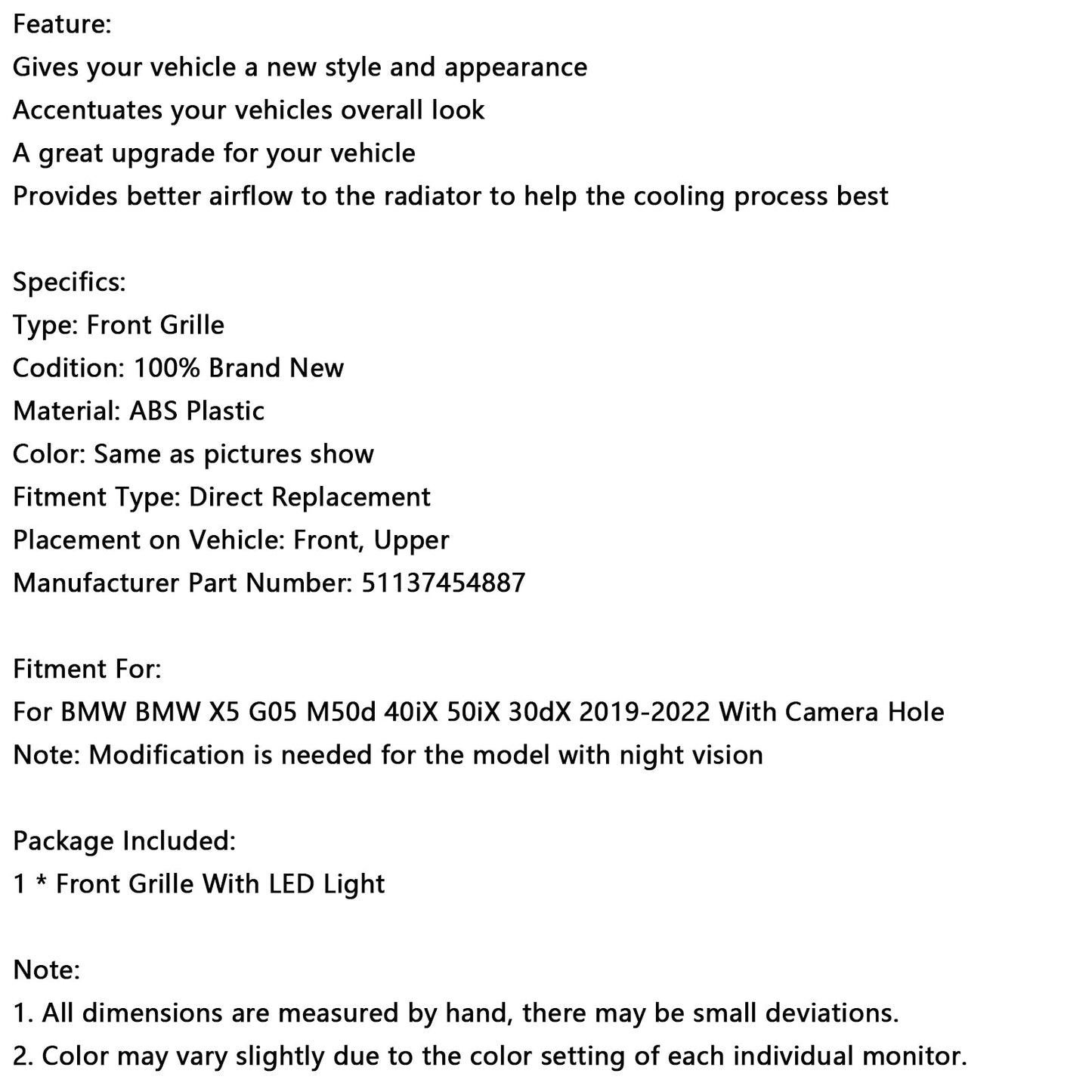 2019-2022 BMW X5 G05 M-Performance Gloss Black Front Kidney Grille Grill 51137454887