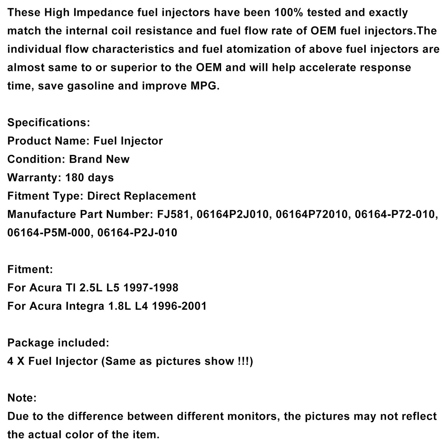 4PCS Fuel Injector 06164-P72-010 Fit Acura Integra TL GS GS-R LS RS 1996-2001