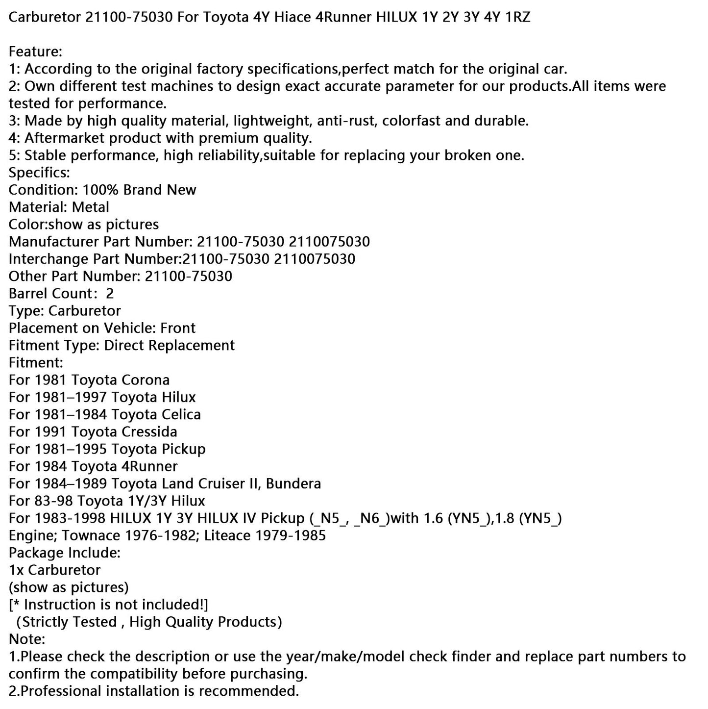 Carburetor 21100-75030 For Toyota 4Y Hiace 4Runner HILUX 1Y 2Y 3Y 4Y 1RZ