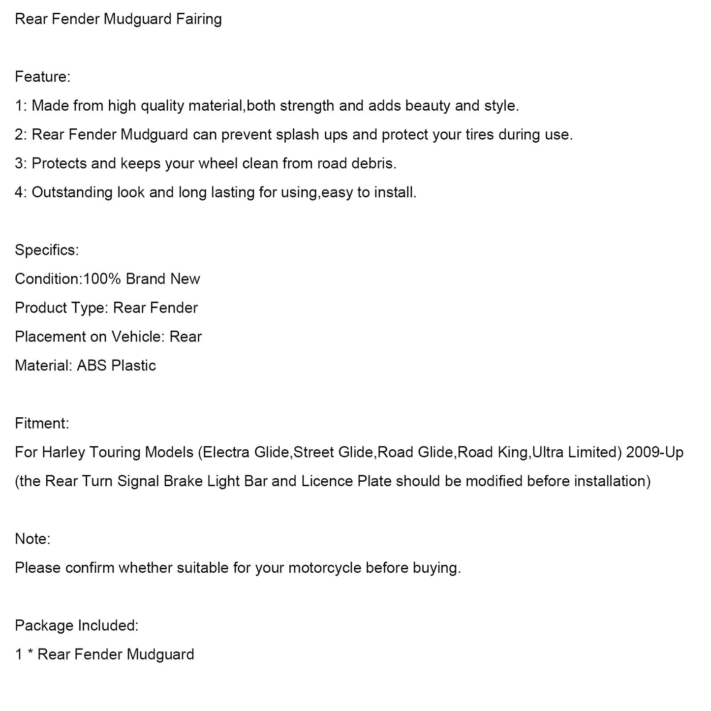 2009-2024 Touring Electra Street Road Glide Rear Fender Mudguard Fairing