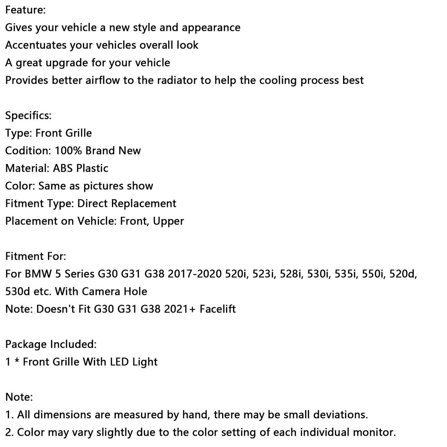 2017-2020 BMW 5 Series G30 G31 Double Slat Front Kidney Grille Gloss Black