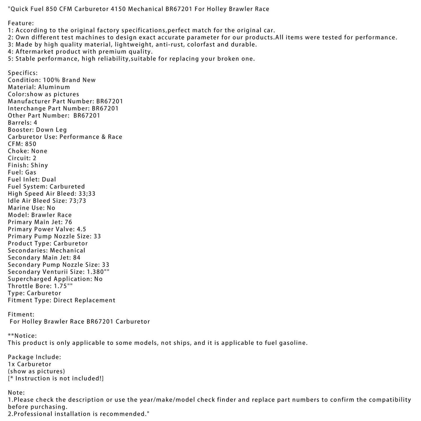 Holley Brawler Race Quick Fuel 850 CFM Carburetor 4150 Mechanical BR67201